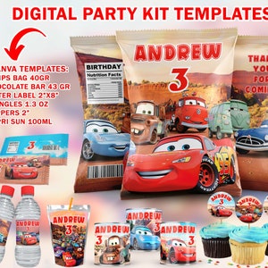 Bolsa de papas fritas de Cars, Capri Sun, etiqueta de agua, Pringles, adorno para cupcakes, barra de chocolate, plantilla de Canva, Rayo Mcqueen