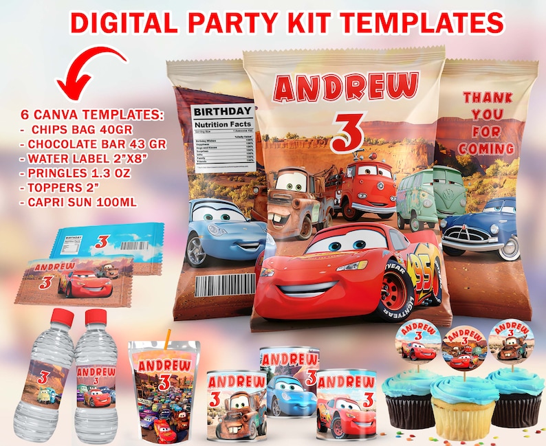 Pode incluir: Modelos de kit de festa imprim&iacute;veis com personagens de Carros, incluindo Rel&acirc;mpago McQueen e Mate. O kit inclui etiquetas para sacos de batatas fritas, barras de chocolate, garrafas de &aacute;gua, pacotes de Capri Sun, latas de Pringles e toppers para cupcakes. Os modelos s&atilde;o personalizados com o nome "Andrew" e o n&uacute;mero "3".