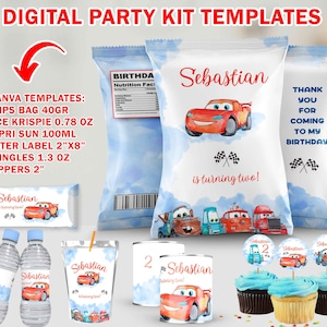 Watercolor Cars Chips Bag, Capri Sun, Water Label, Pringles, Cupcake Topper, Rice Krispie, Canva Template
