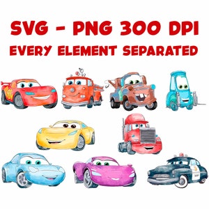 Puede incluir: Un conjunto de nueve personajes de coches de dibujos animados, incluyendo Rayo McQueen, Mate y Mate el remolcador. Los personajes est&aacute;n todos en diferentes colores y poses, y todos est&aacute;n sonriendo. Los personajes son todos de la pel&iacute;cula Cars de Disney Pixar.