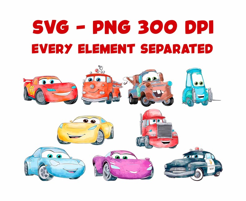 Puede incluir: Un conjunto de nueve personajes de coches de dibujos animados, incluyendo Rayo McQueen, Mate y Mate el remolcador. Los personajes est&aacute;n todos en diferentes colores y poses, y todos est&aacute;n sonriendo. Los personajes son todos de la pel&iacute;cula Cars de Disney Pixar.