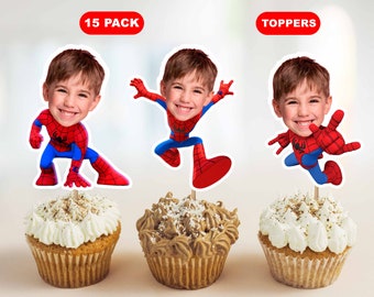 Spiderman Pack of 15 Cupcake Toppers, Photographic Paper 200gr, Spidey Cupcake Toppers with Photo, Spiderman Custom Photo