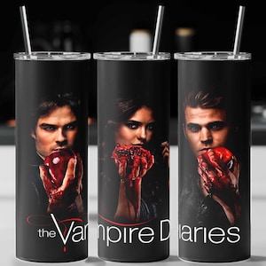 May include: Three black stainless steel tumblers featuring characters from "The Vampire Diaries." Each tumbler displays a different character holding a red apple. The show's title is printed in white and red.