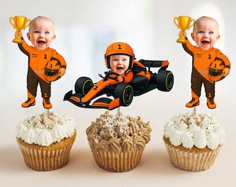 Orange Little Driver Cupcake Toppers with custom face, Racing Driver Cupcake Toppers with Photo,Digital File or Printed, Race Car Birthday 1
