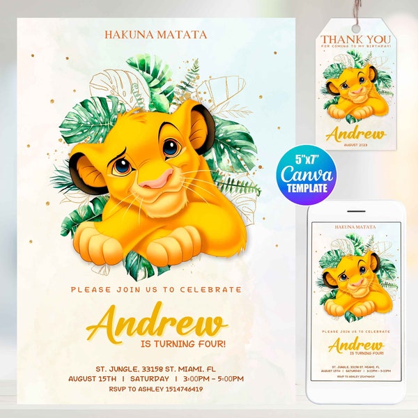 Invitation d’anniversaire du Roi Lion aquarelle, modèle Canva, taille mobile, étiquette « merci » Jungle