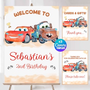Watercolor Cars Welcome Sign, Favors & Gifts Sign, Canva Template Mater, Mcqueen