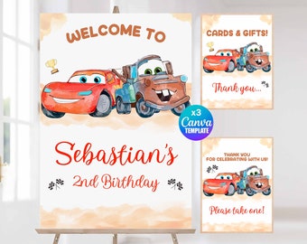 Letrero de bienvenida de acuarela para coches, letrero para regalos y recuerdos, plantilla Canva Mater, McQueen