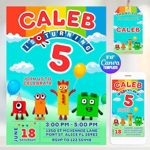 Numberblocks Birthday Invitation, Canva Template, Mobile Size, Label Tag thank you image 1