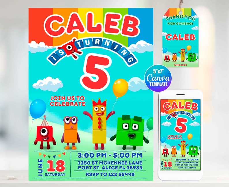 Numberblocks Birthday Invitation, Canva Template, Mobile Size, Label Tag thank you image 1