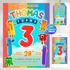 Convite de aniversário com blocos numéricos, modelo Canva, tamanho para celular, etiqueta "obrigado"