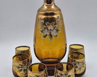 Vintage Bohemia Glass Decanter Set in Amber and Gold