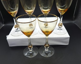 Vintage Amber & Gold Cocktail Likeurglazen uit Tsjechen