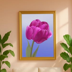 Fuchsia Tulip Art Print: Hand-Painted Botanical Illustration on Blue