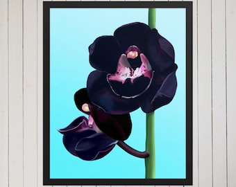 Lámina artística de orquídea negra: decoración floral de pared pintada a mano