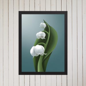 Poster encadré de fleurs de muguet blanc avec des feuilles et des tiges vert foncé sous un ciel bleu-vert foncé, cadeau pour les jardiniers et les amateurs de plantes
