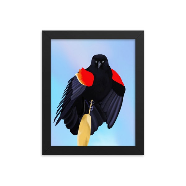 Red winged blackbird dive-bomber with wings enfolded perched on cattail under a pale blue sky, wall art, nature Framed digital painting gift