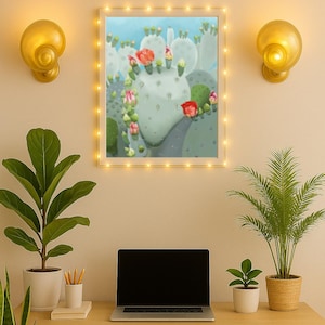 Cactus Bloom Wall Art – Hand Painted Prickly Pear with Desert Flowers
