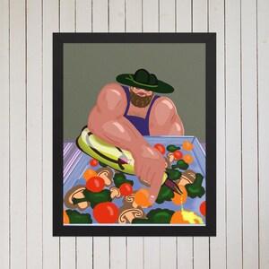 Chef con delantal azul de vacaciones / Rociando aceite de oliva sobre verduras / Arte de cocina de verano / Enmarcado o impreso / Decoración única para el hogar