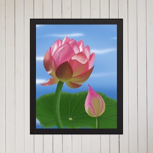 Pink Water Lily Blooms on Blue Lake with Lily Pads Framed Poster Wall Decor Botanical Artwork for Home or Nature-Inspired Space