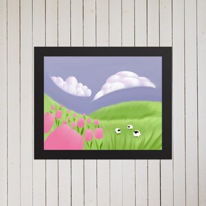 Arte de paisaje de granja: pasto verde enmarcado, tulipanes rosados, ovejas pastando, nubes hinchadas, cielo azul, decoración de pared para guardería, arte para habitación de niños