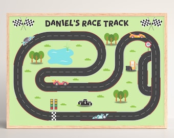 Personalised Race Track Framed Nursery Print | Car Themed Nursery Wall Art | Wooden Magnetic Poster Hanger | Playroom Nursery Wall Prints