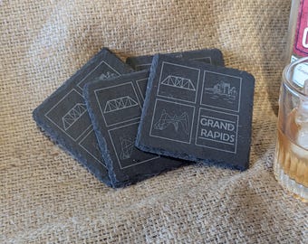 Laser Engraved Grand Rapids Michigan Slate Coasters | Set of 4