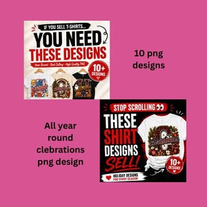 以下が含まれることがあります： IF YOU SELL T-SHIRTS... YOU NEED THESE DESIGNSおよびSTOP SCROLLING THESE SHIRT DESIGNS SELLというテキストが記載されたデジタルグラフィック広告。画像には、さまざまなホリデーテーマのグラフィックプリントが施された複数の白と黒のTシャツが表示されています。