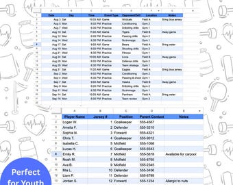 Bearbeitbare Sport-Team-Zeitplan-Vorlage | Jugend Sportplaner | Übungs- und Spiel-Tracker | Fahrgemeinschaft und Snack-Chart | Google Sheets
