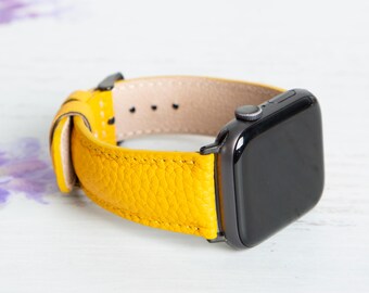 Leather Apple Watch Band, Yellow Watch Band, 38mm, 40mm, 41 mm, 42 mm, 44 mm, 45 mm, 49 mm for Series 10-1-SE, Ultra & Ultra 2, Watch Strap