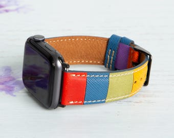Rainbow Colors Leather Apple Watch Band, iWatch Bracelet for All Series Apple and Fitbit, Full Grain Genuine Leather, Pride Apple Watch Band