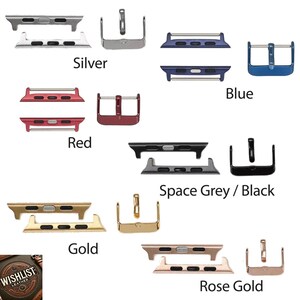 May include: Apple Watch band adapters in various colors, including silver, blue, red, space gray, black, gold, and rose gold. The adapters are designed to connect watch bands to the Apple Watch.