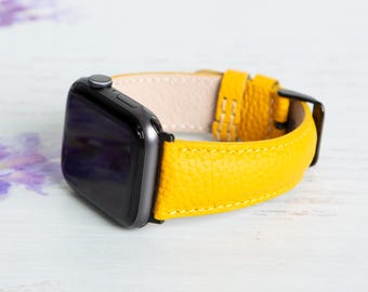 Yellow Apple Watch Leather Band, Hand Stitched Apple Watch Leather Band 42mm, 38mm, 40mm, 44mm for All Series Full Grain Leather Yellow Band