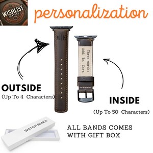 May include: A brown leather Apple Watch band with personalization options. The band can be personalized with up to 4 characters on the outside and up to 50 characters on the inside. The band comes with a gift box. "Three words: Add. To. Cart."