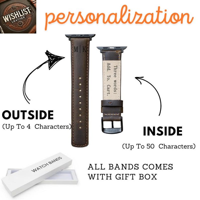 May include: A brown leather Apple Watch band with personalization options. The band can be personalized with up to 4 characters on the outside and up to 50 characters on the inside. The band comes with a gift box. "Three words: Add. To. Cart."