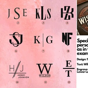May include: Twelve different monogram designs for personalization. The designs feature various letter combinations and styles, including classic, modern, and script fonts. The designs are numbered 1 through 12.