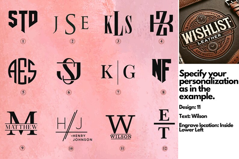 May include: Twelve different monogram designs for personalization. The designs feature various letter combinations and styles, including classic, modern, and script fonts. The designs are numbered 1 through 12.