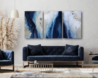 Blue Ocean Print - Extra Large Ocean Art - Coastal Art Print - Blue and White prints, Trio Art Prints - Set of 3 Prints, Trendy Wall Panels