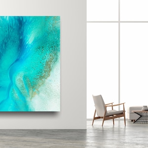 Impressão em tela vertical oceânica enrolada - Design moderno exclusivo - Grande arte bonita - Decoração de parede de hotel de praia, tela grande única, decoração Porthcurno