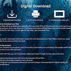 May include: Digital download instructions for artwork. Download the files, print the artwork, and frame it. The text explains how to download the files after purchase from Etsy.