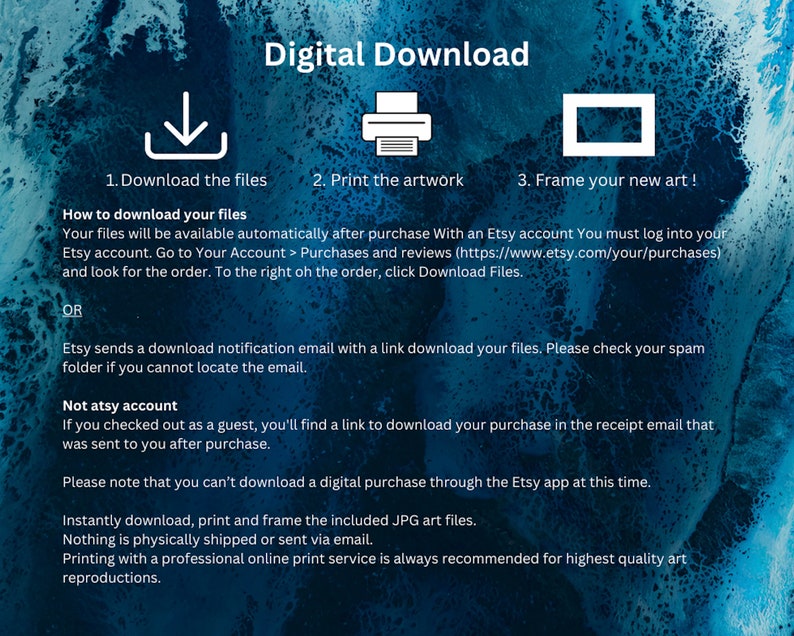 May include: Digital download instructions for artwork. Download the files, print the artwork, and frame it. The text explains how to download the files after purchase from Etsy.