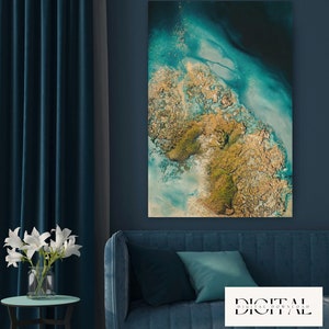 May include: Abstract art print featuring a swirling blue and green background with gold accents. The print has a textured look and is perfect for adding a modern touch to any room.