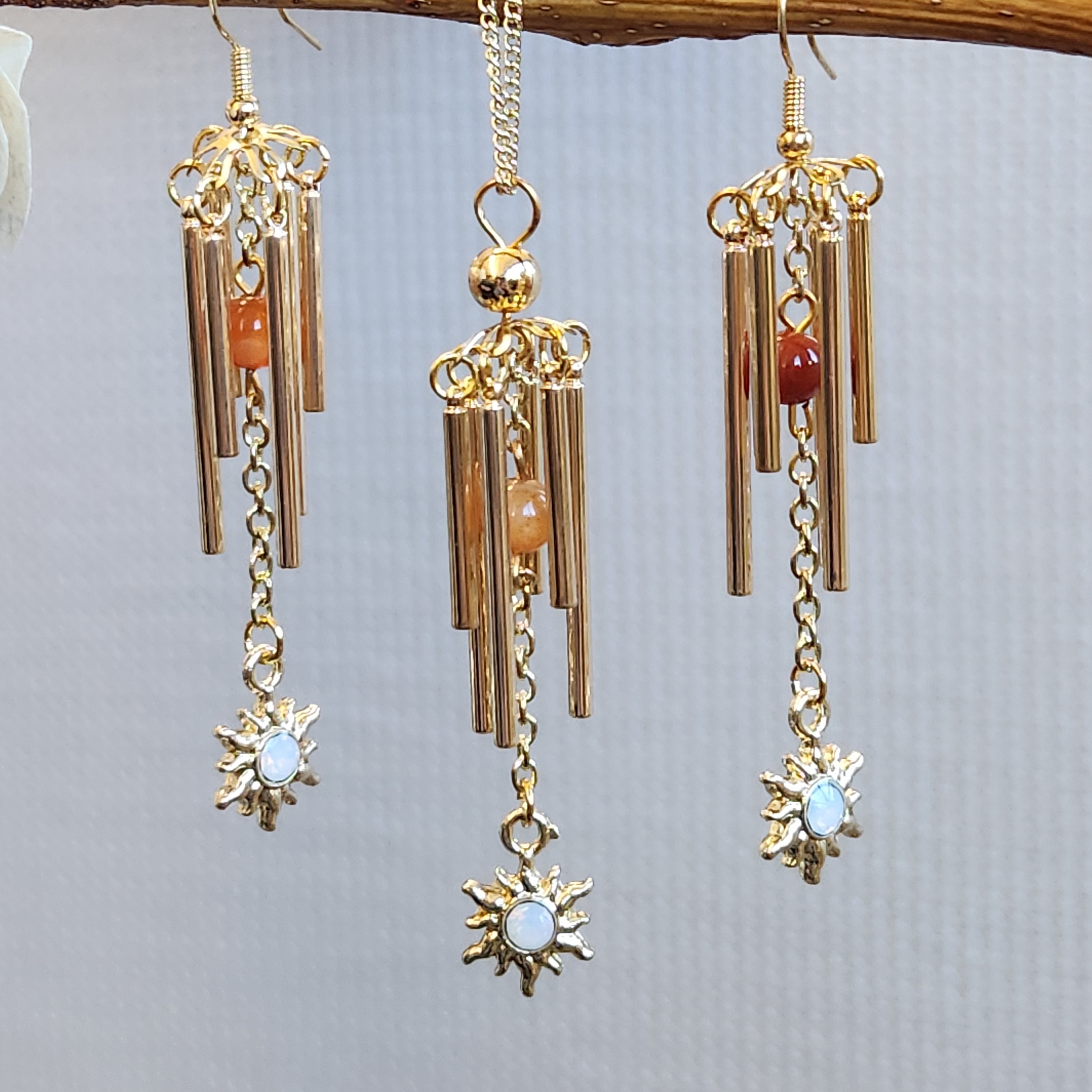Custom Gold Windchime Inspired Necklace and Earrings Set With Stone