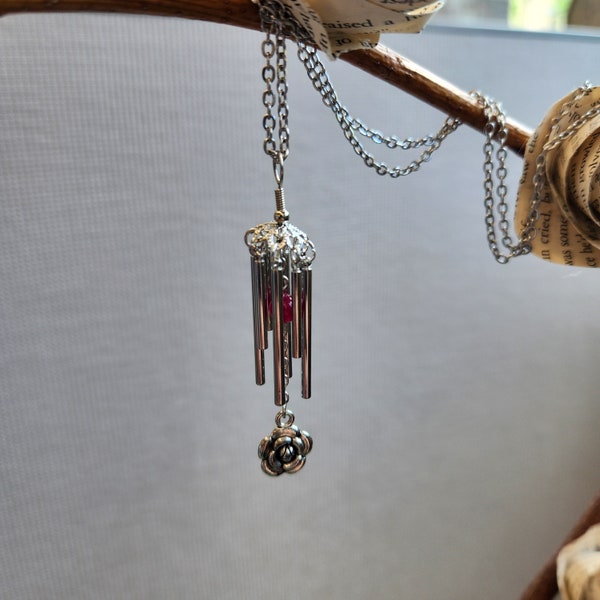 Silver Wind Chime Necklace with Silver Rose Wind Catcher Charm and Ruby (Synthetic Corundum) Stone Bead Clapper