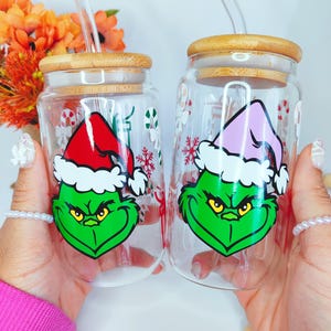 Griinchh Christmas Tumbler, 400ml Glass Mug with Lid and Straw, Christmas Tumbler, Christmas Movie, Green Christmas Character, Hot Drink