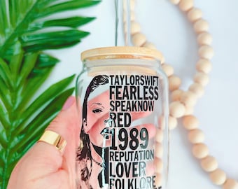 Swiftie Erasss album tumbler, Erass tumbler, personalized Taylor Swiftie coffee tin, gift idea for Swiftie fans, glass mug with lid
