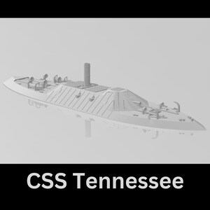 May include: A light gray scale model of the CSS Tennessee ironclad warship. The model features a central smokestack, a sloped armored casemate, deck plating, and various small deck fixtures. The text CSS Tennessee is printed below the model.