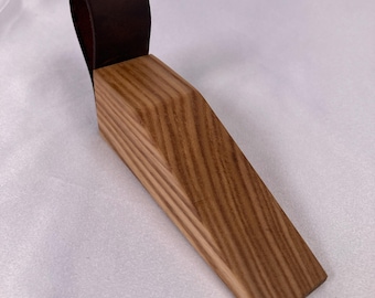 Handmade Reclaimed Hardwood Door Stopper with Leather Handle – Non-Slip Rubber Base – Danish Oil Finish