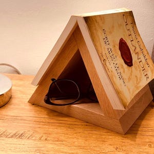 Handmade Wooden Book Stand: Pyramid Desk Organizer with Bookmark