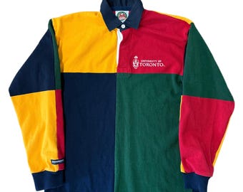 Camiseta de rugby vintage de la Universidad de Toronto de Barbarian / Fabricada en Canadá / Manga larga con bloques de color / Talla L / Estilo preppy de los 90