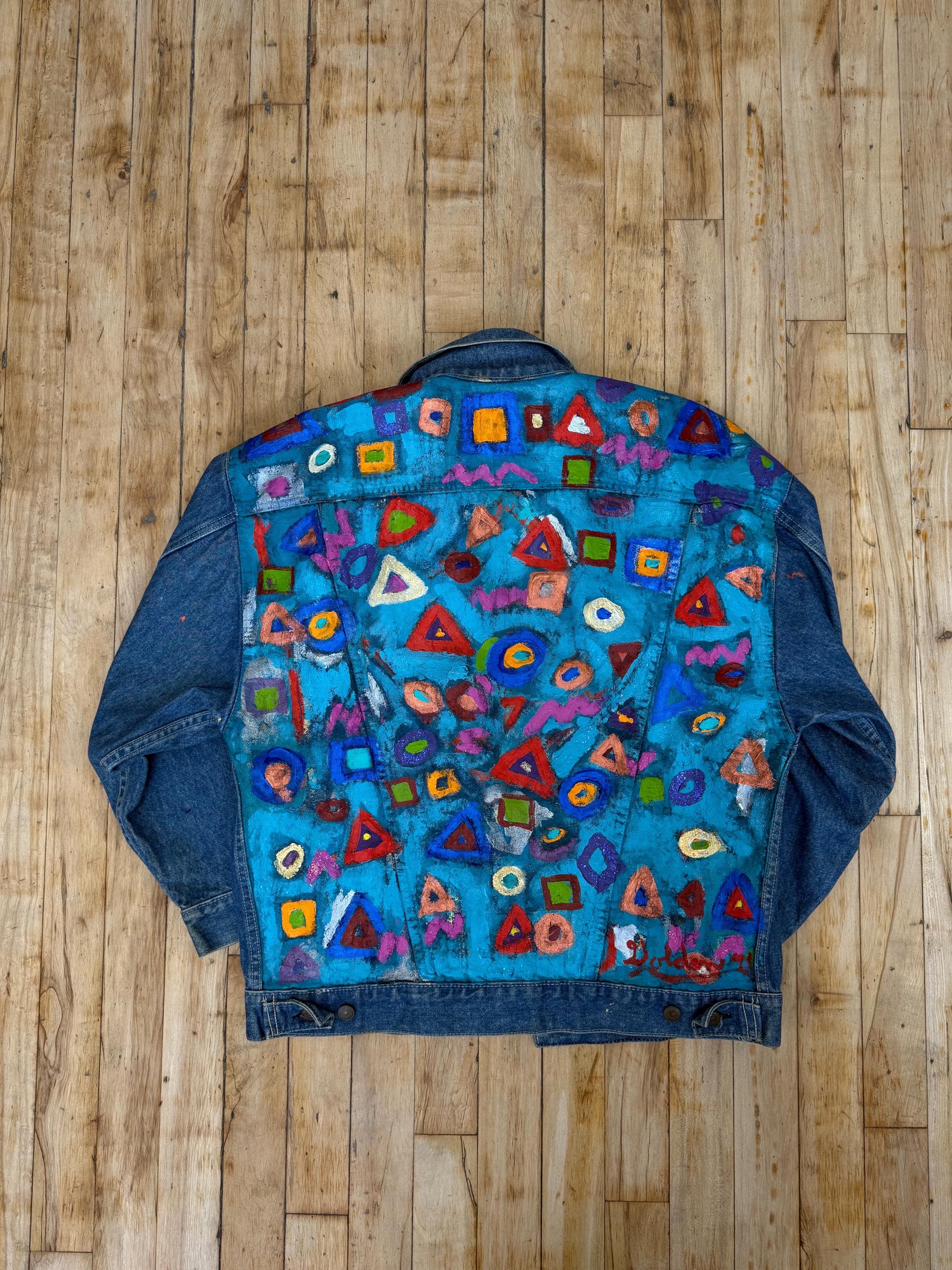Vintage Levi’s denim jacket hand-painted / Made in USA / Colorful abstract art on back / Size M fits oversize / collectible levi's